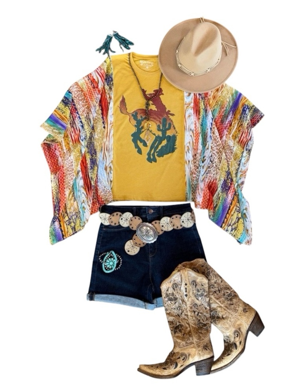 Rodeo Upcycled Graphic Tee Boho Western Gypsy Flowy Sleeves Small/Medium/Large